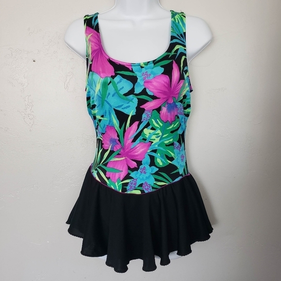 Vintage Other - Union Made Vintage Women's One Piece Swimsuit Tropical Floral Skirt Colorful 6